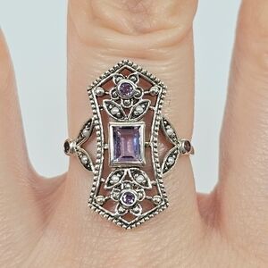 Vintage 925 Sterling Silver Art Deco Ring with Amethyst and Pearls